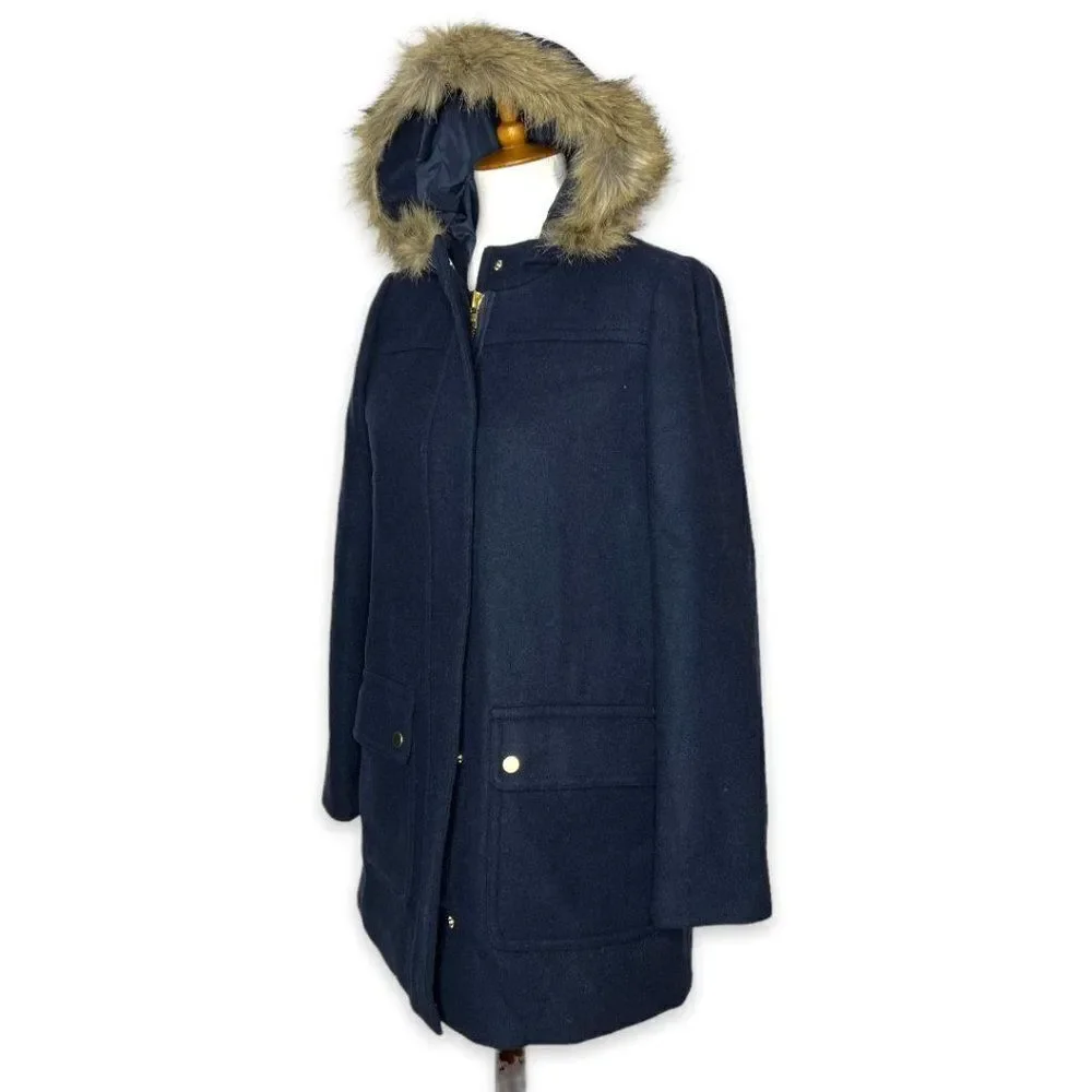 J. Crew Mercantile Faux Fur Hooded Wool Vail Parka Jacket Navy Blue Size 8 - Picture 3 of 9